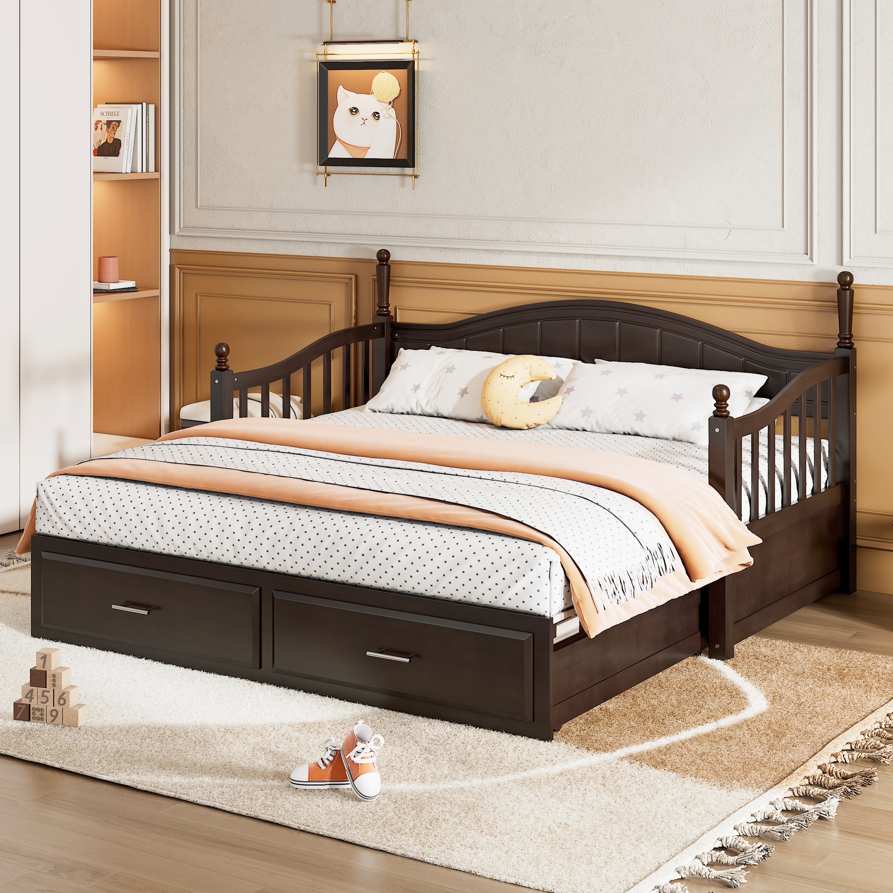 Wooden Twin Size Daybed with Twin Size Trundle, Extendable Daybed with Two Storage Drawers, Espresso(Expected Arrival Time:9.12) - Grand Goldman Shop