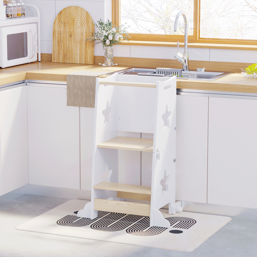 Stylish 3-in-1 Toddler Kitchen Step Stool, Foldable Learning Standing Tower with Blackboard, Wooden Kitchen Stool Helper for 