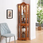 Curio Cabinet Lighted Glass Display Curio Cabinet w/Tempered Glass Doors and Shelves, Crown Corner Cabinet with Bulb, Corner Storage Decoration for Living room and Bedroom OAK - Grand Goldman Shop