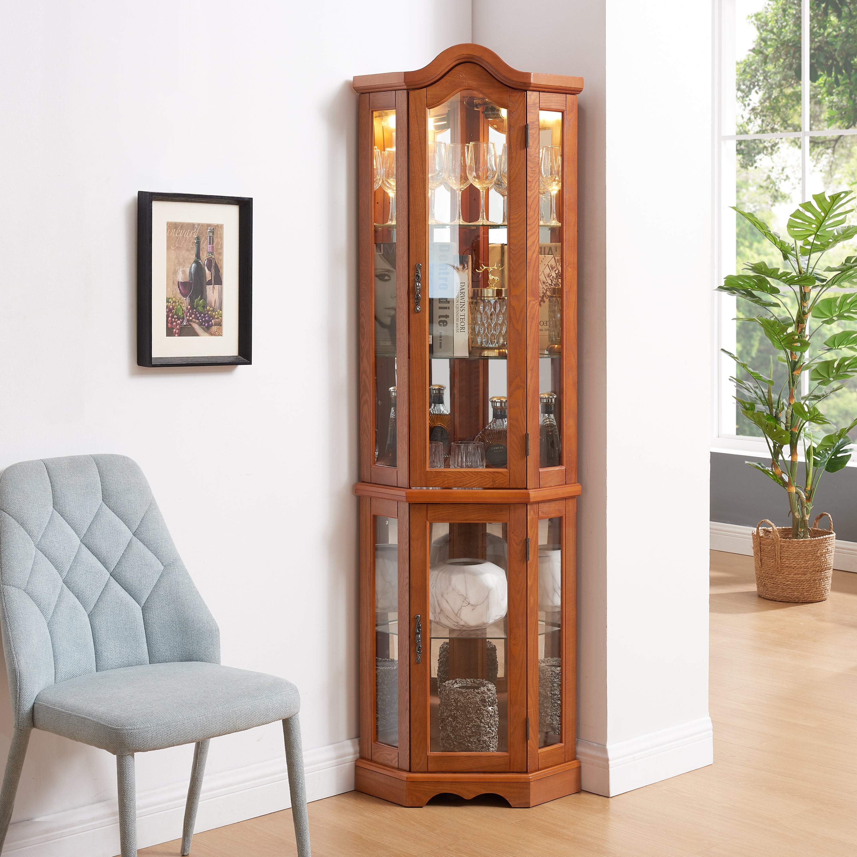Curio Cabinet Lighted Glass Display Curio Cabinet w/Tempered Glass Doors and Shelves, Crown Corner Cabinet with Bulb, Corner Storage Decoration for Living room and Bedroom OAK - Grand Goldman Shop