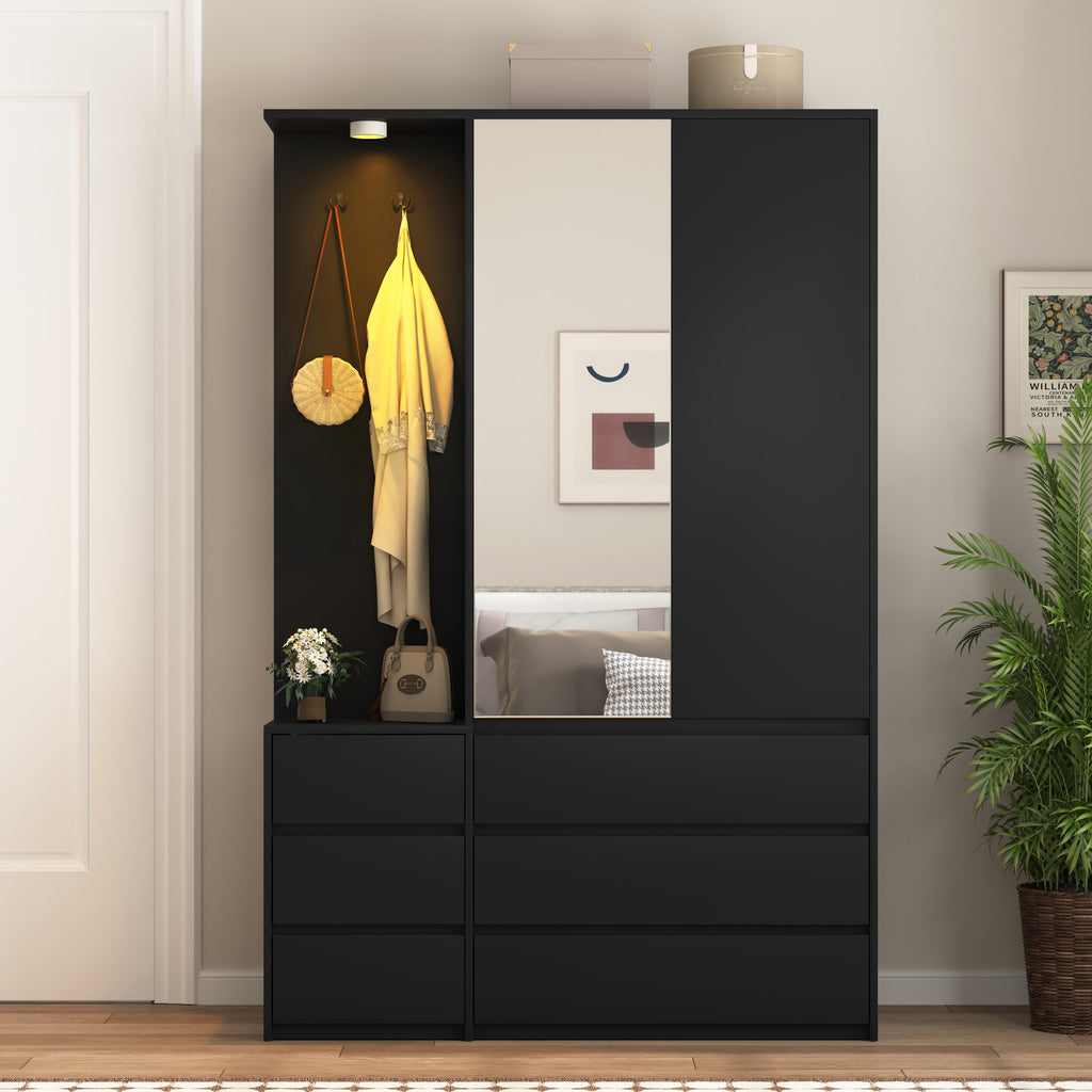 Wardrobe Closet 71.7' H, Bedroom Wooden Wardrobe with 2 Doors 6 Drawers, Modern Clothing Storage Cabinet Combination with Storage Shelves and Hanging Rail, Black - Grand Goldman Shop