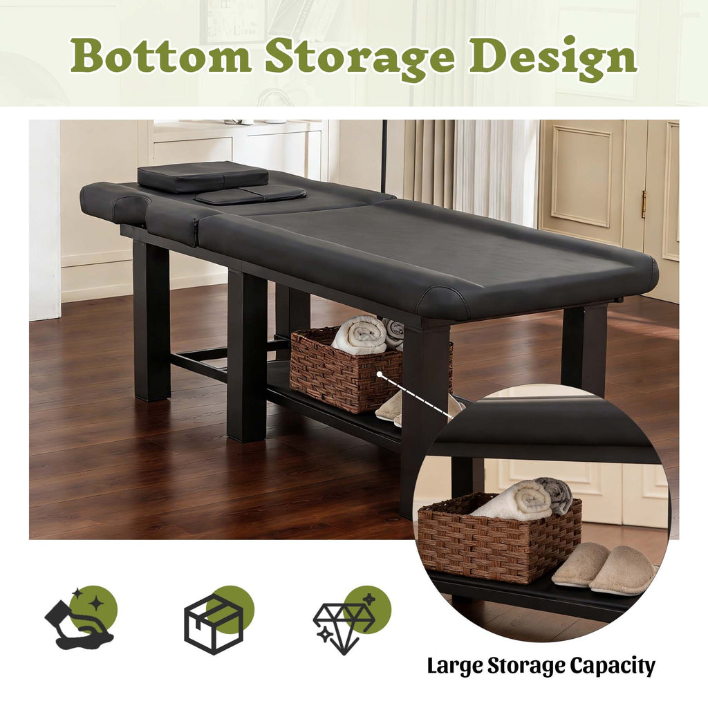Spa Salon Massage Table with Bottom Storage, Adjustable Backrest (0-15°) & Detachable Headrest, High-Resiliency Waterproof Cu