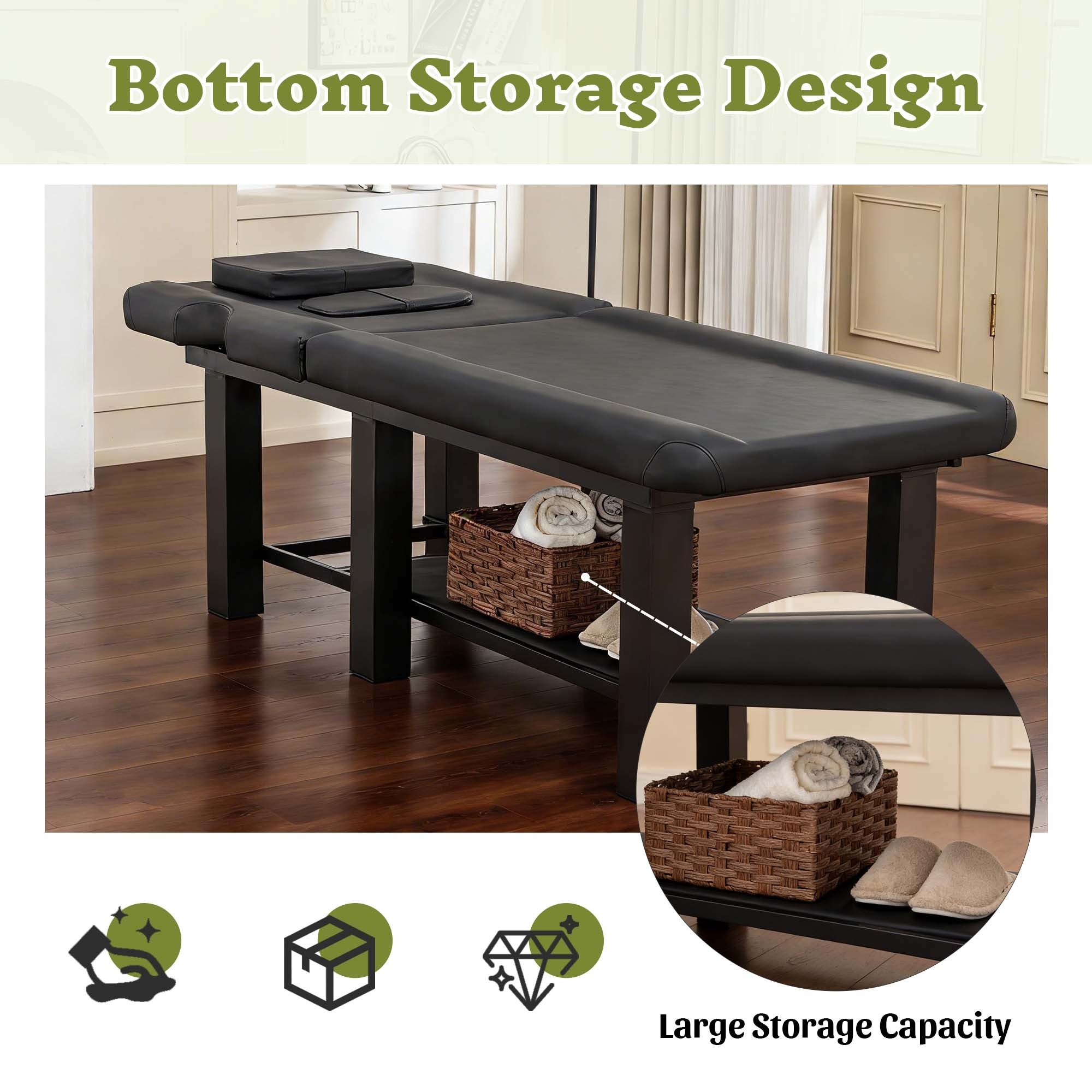Spa Salon Massage Table with Bottom Storage, Adjustable Backrest (0-15°) & Detachable Headrest, High-Resiliency Waterproof Cu