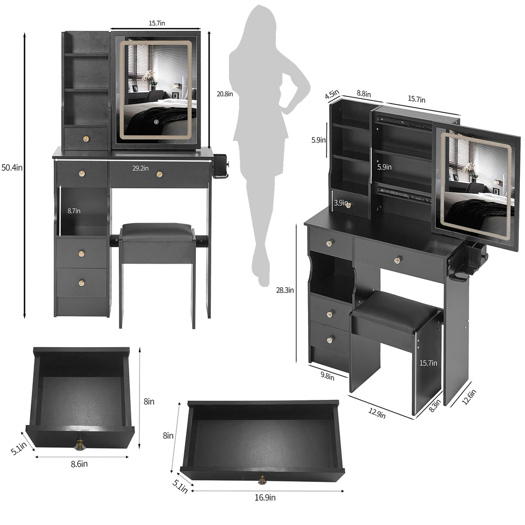 29.2' Small Size Drawer Desktop Vanity Table + Cushioned Stool, 2 AC+2 USB Power Station, Hair dryer bracket, Extra Large Touch Control Sliding LED Mirror, 3-color Switching, EPA, GCC, UL Certificate - Grand Goldman Shop