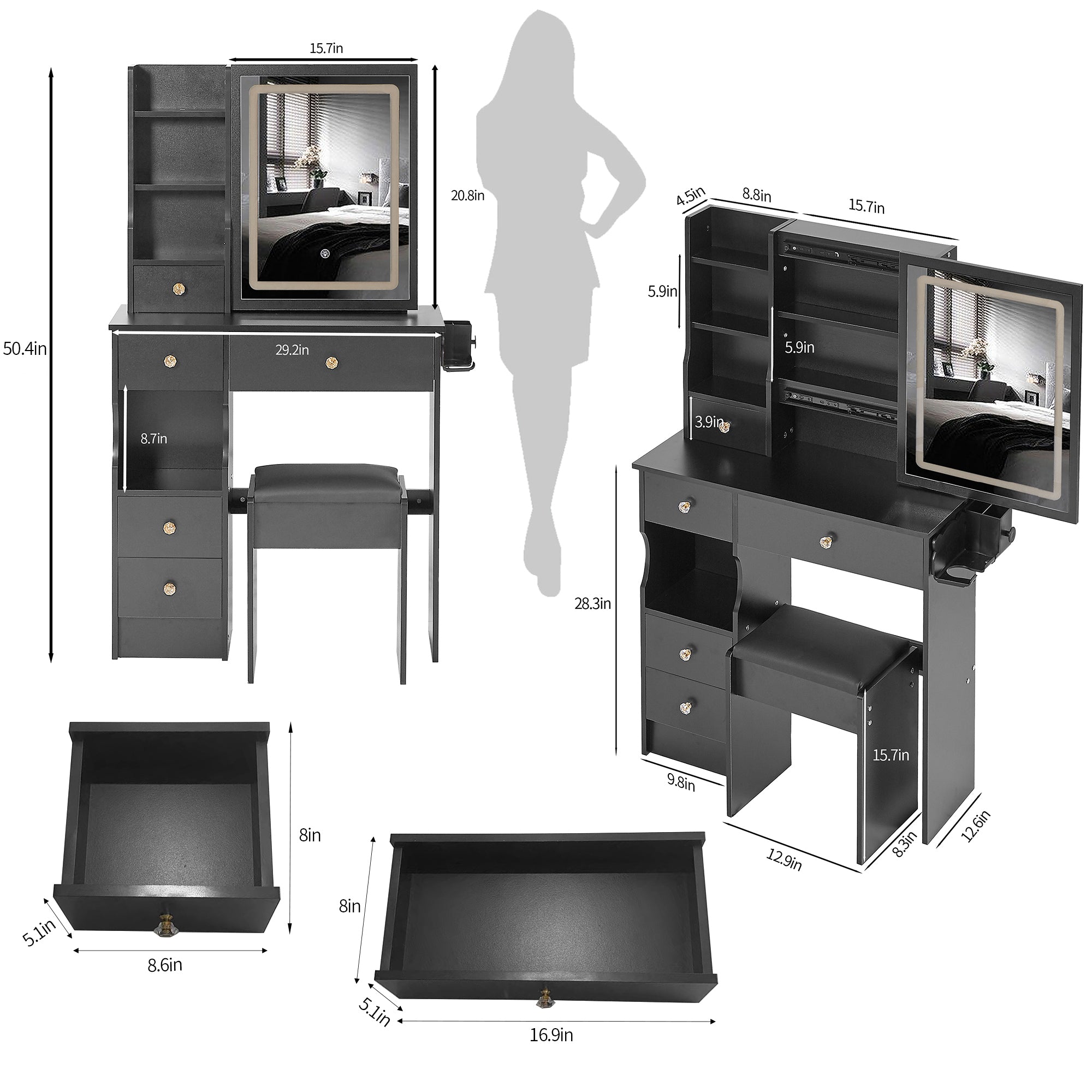 29.2' Small Size Drawer Desktop Vanity Table + Cushioned Stool, 2 AC+2 USB Power Station, Hair dryer bracket, Extra Large Touch Control Sliding LED Mirror, 3-color Switching, EPA, GCC, UL Certificate - Grand Goldman Shop