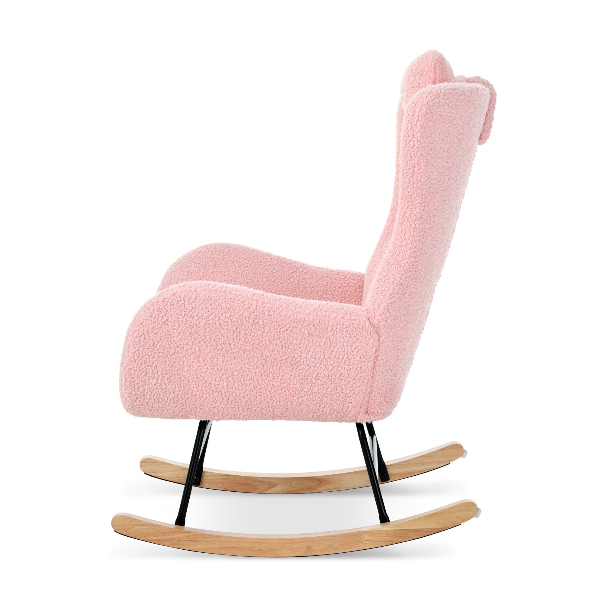 Rocking Chair Nursery, Teddy Upholstered Rocker Glider Chair with High Backrest, Adjustable Headrest & Pocket, Comfy Glider Chair for Nursery, Bedroom, Living Room, Offices, Rubber wood, pink - Grand Goldman Shop