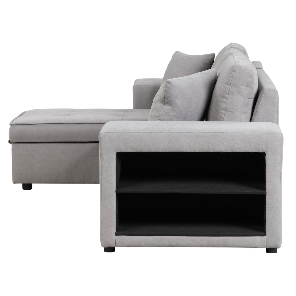 Modern Reversible L-Shape Pull Out Sleeper Sofa with Storage Chaise and Stools, Gray Linen, 104.5' - Grand Goldman Shop