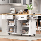 K&K 56.5'' Kitchen Island with Drop Leaf, Power Outlet, Embossed Vertical Stripe Rolling Kitchen Cart on Wheels with 4 Doors , 5 Deep Drawers and Adjustable Shelves, for Kitchen, Dining Room, White - Grand Goldman Shop