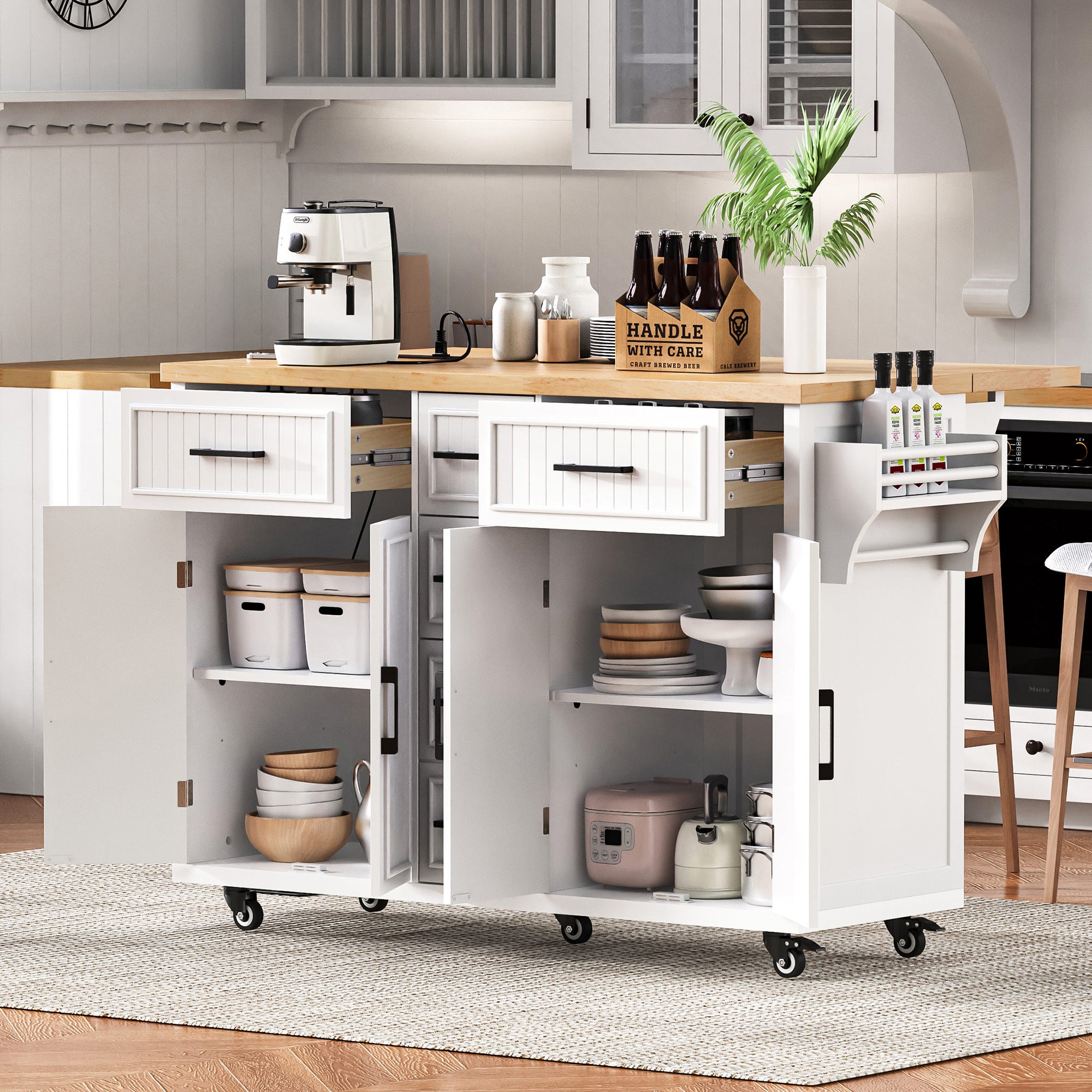 K&K 56.5'' Kitchen Island with Drop Leaf, Power Outlet, Embossed Vertical Stripe Rolling Kitchen Cart on Wheels with 4 Doors , 5 Deep Drawers and Adjustable Shelves, for Kitchen, Dining Room, White - Grand Goldman Shop