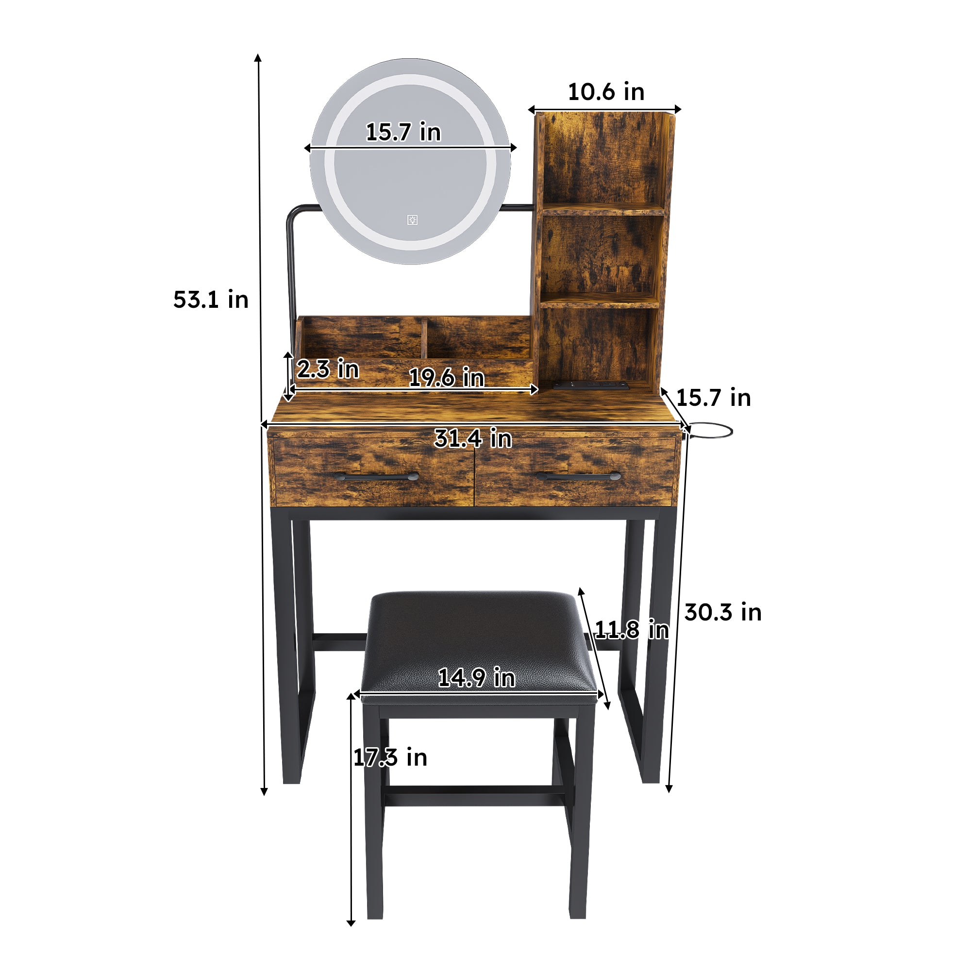 Makeup Vanity Table with LED Lights, 3 Color Options, Power Outlet, Brown MDF, 31.5 x 15.75 x 52.36 inches - Grand Goldman Shop