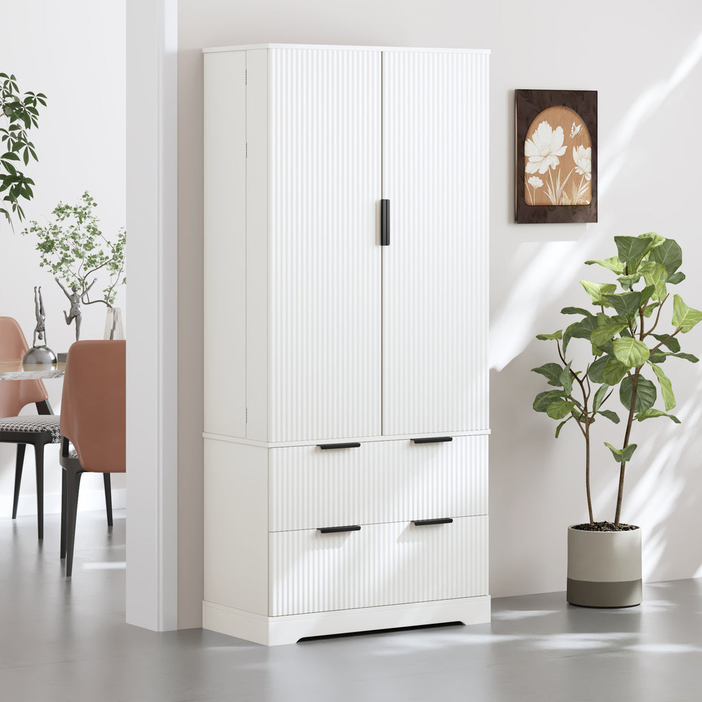 72' Modern Fluted Kitchen Pantry Cabinet with 2 Large Drawers & 8-Door Spice Rack, White MDF Freestanding Storage Organizer for Bathroom, Dining Room, Office, Entryway - Grand Goldman Shop