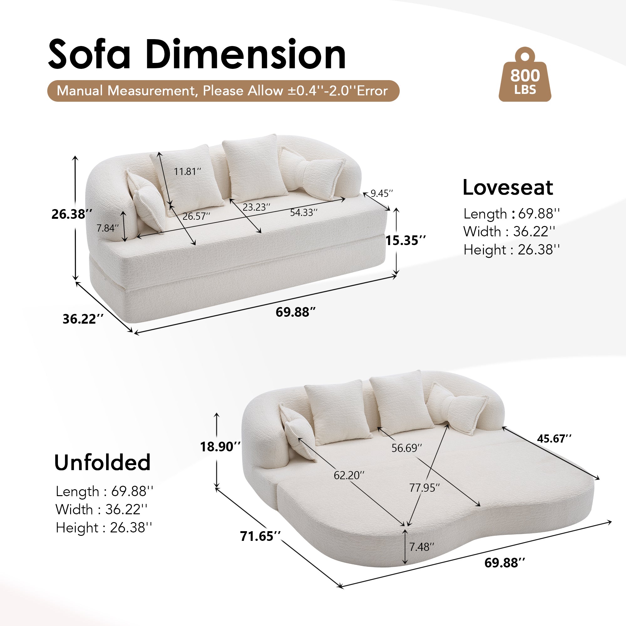 2-in-1 Foldable Sofa Bed,70 Inch Folding Boneless Couch Convertible Compressed Sleeper Sofabed, 4 Pillows for Living Room Apartment, Milk White - Grand Goldman Shop