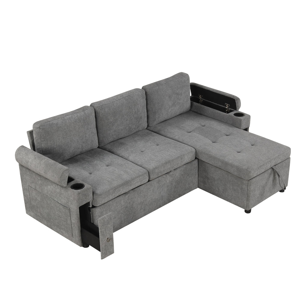 Modern L-shaped Convertible Sofa Bed with Storage, Cup Holders, USB Ports, Gray Chenille, 83.5' - Grand Goldman Shop
