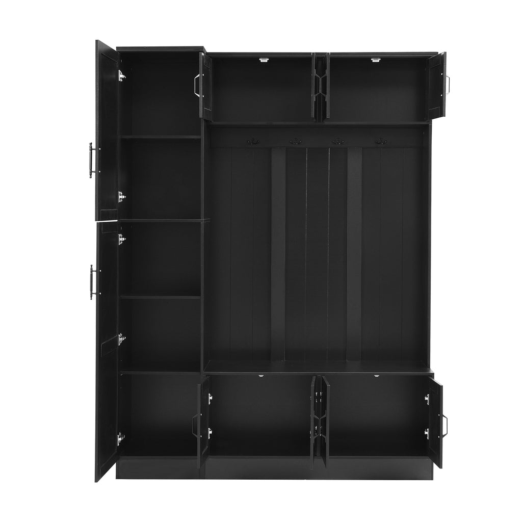 VIBE HAUS 79'' Tall Modern Hall Tree with Shoe Storage, 4-in-1 Entryway Bench with 6 Cabinets, 4 Coat Hooks & Adjustable Shelf for Hallway, living room, Black - Grand Goldman Shop