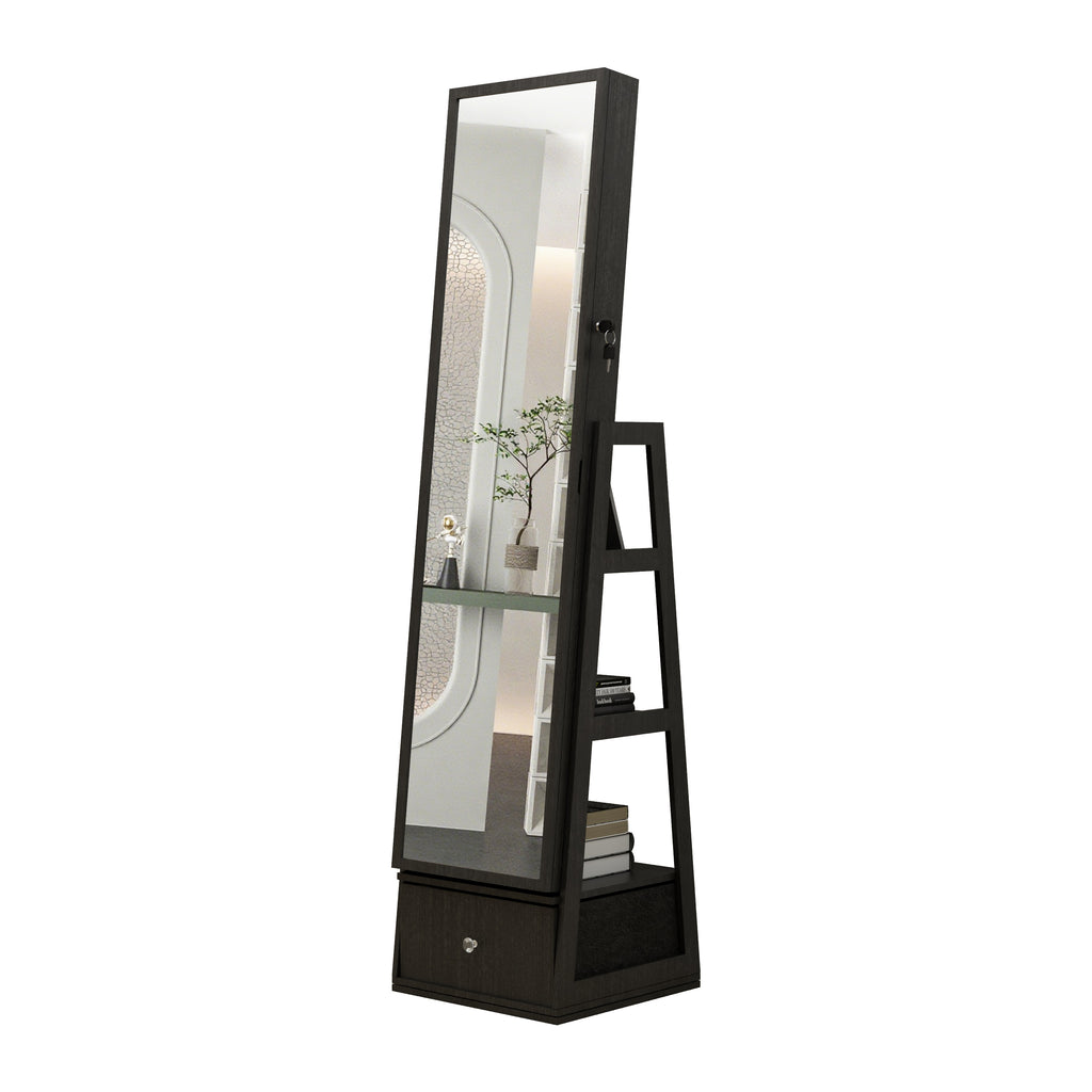 360°Swivel Jewelry Cabinet with Full Length Mirror, 360°Rotating Standing Jewelry Armoire Organizer, Lockable Storage Cabinet, Interior Lighted Mirror and Storage Drawers, Black - Grand Goldman Shop