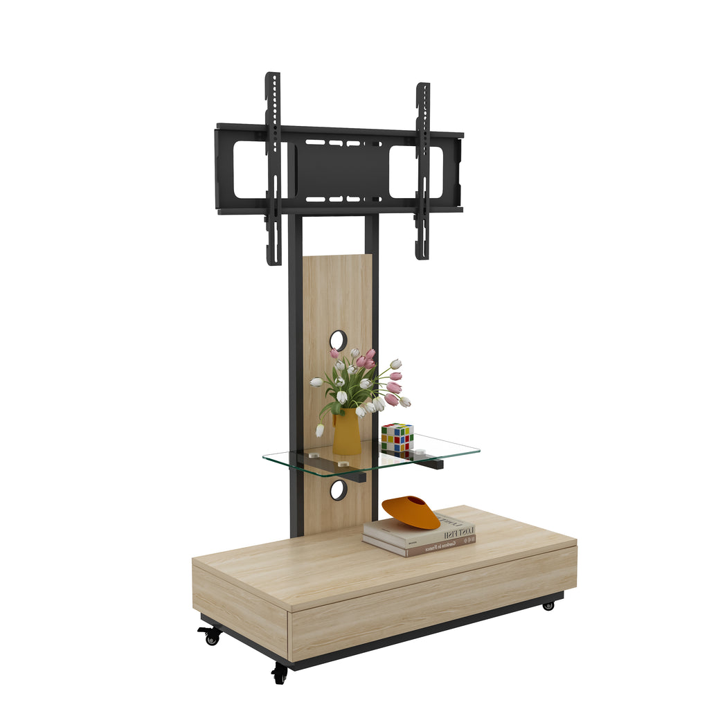 Mobile TV Cart with Push-Pull Drawer for 32-75 Inch TVs, Natural Wood & Glass Stand with Lockable Wheels - Grand Goldman Shop