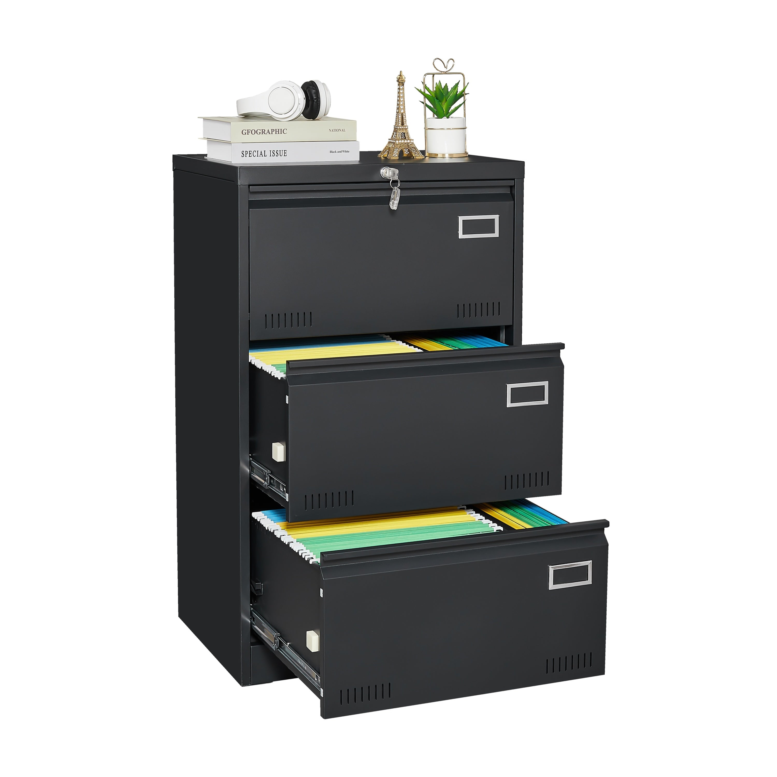 Black Metal 3-Drawer Lateral Filing Cabinet with Lock for Home and Office | Premium Home Decor - Grand Goldman