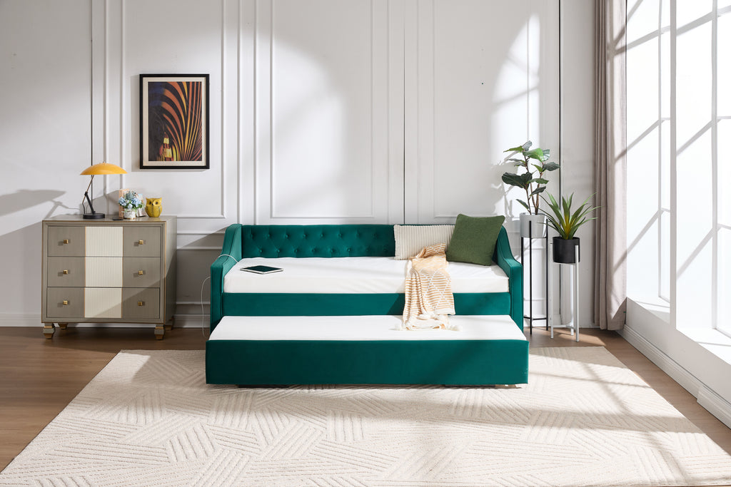 Twin Size Upholstered Daybed with Trundle,USB Port ,Side Pockets,Velvet Daybed with Button on Back and Piping on Waved Shape Arms for Bedroom Guest Room - Grand Goldman Shop