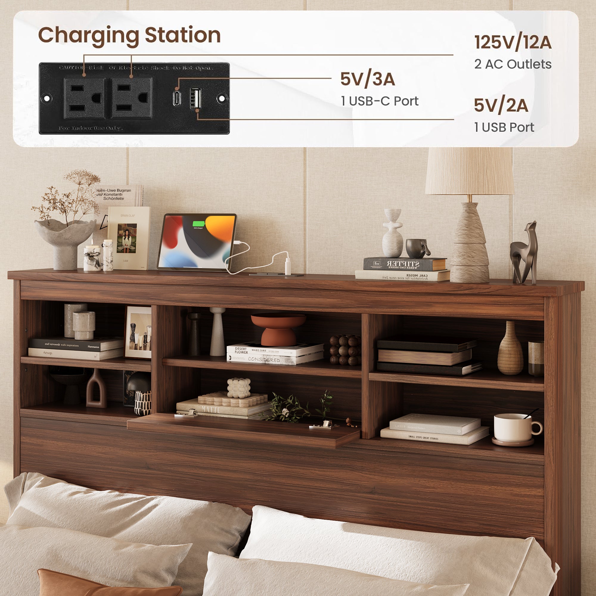 4PCS Bedroom Sets, Wooden Queen Size Bed Frame with Storage Headboard and Charging Station, 2 Nightstands with 2 Drawers, 1 Dresser with 5 Drawers, Walnut(old SKU HL000102AAD) - Grand Goldman Shop