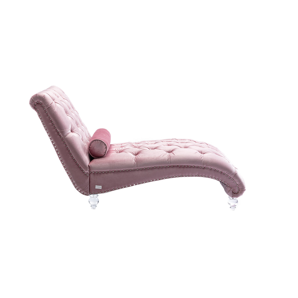Velvet Chaise Lounge Indoor, Button-Tufted Upholstered Chaise Lounge Chair with Pillow in Pink Velvet, Comfortable Seating for Bedroom Living Room Office - Grand Goldman Shop
