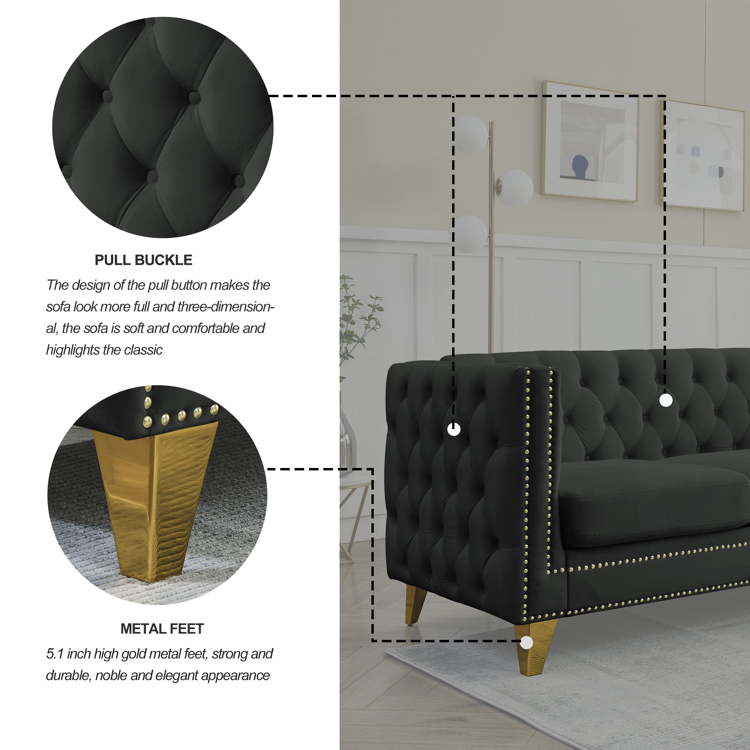 Modern Black Velvet Sofa with Button Tufting and Metal Legs, 3-Seater Couch for Living Room or Bedroom, Upholstered in Soft Velvet with Solid Wood Frame - Grand Goldman Shop