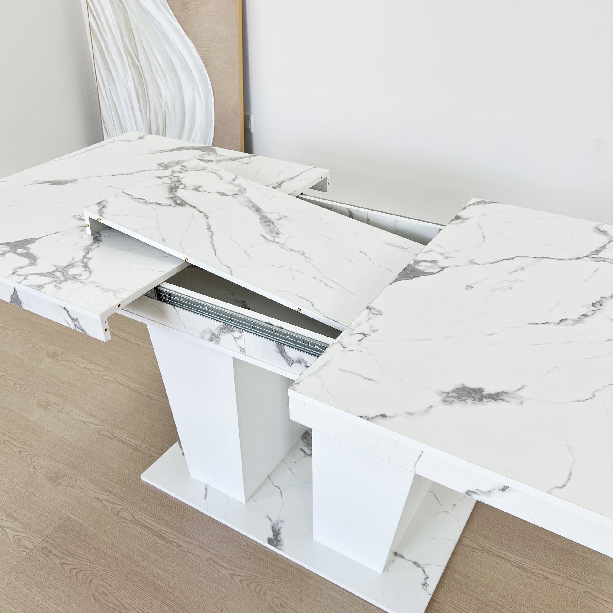 Extendable Dining Room Table for 6-10 Modern White Faux Marble Wooden Expandable Kitchen Table w/Dual Column Pedestal Base, Large Rectangle Dining Table - Grand Goldman Shop