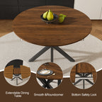 Modern Solid Wood Veneer Retractable Dining Table, Round Extendable 6-Person Table, Walnut MDF with Carbon Steel Base, 42-58 Inches - Grand Goldman Shop