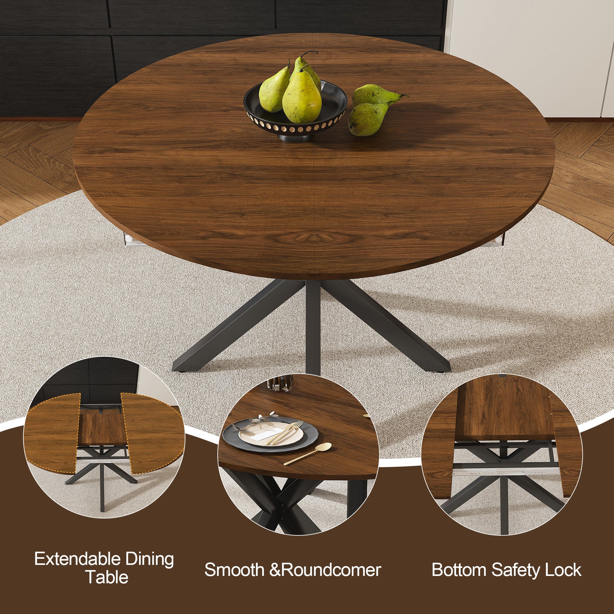 Modern Solid Wood Veneer Retractable Dining Table, Round Extendable 6-Person Table, Walnut MDF with Carbon Steel Base, 42-58 Inches - Grand Goldman Shop
