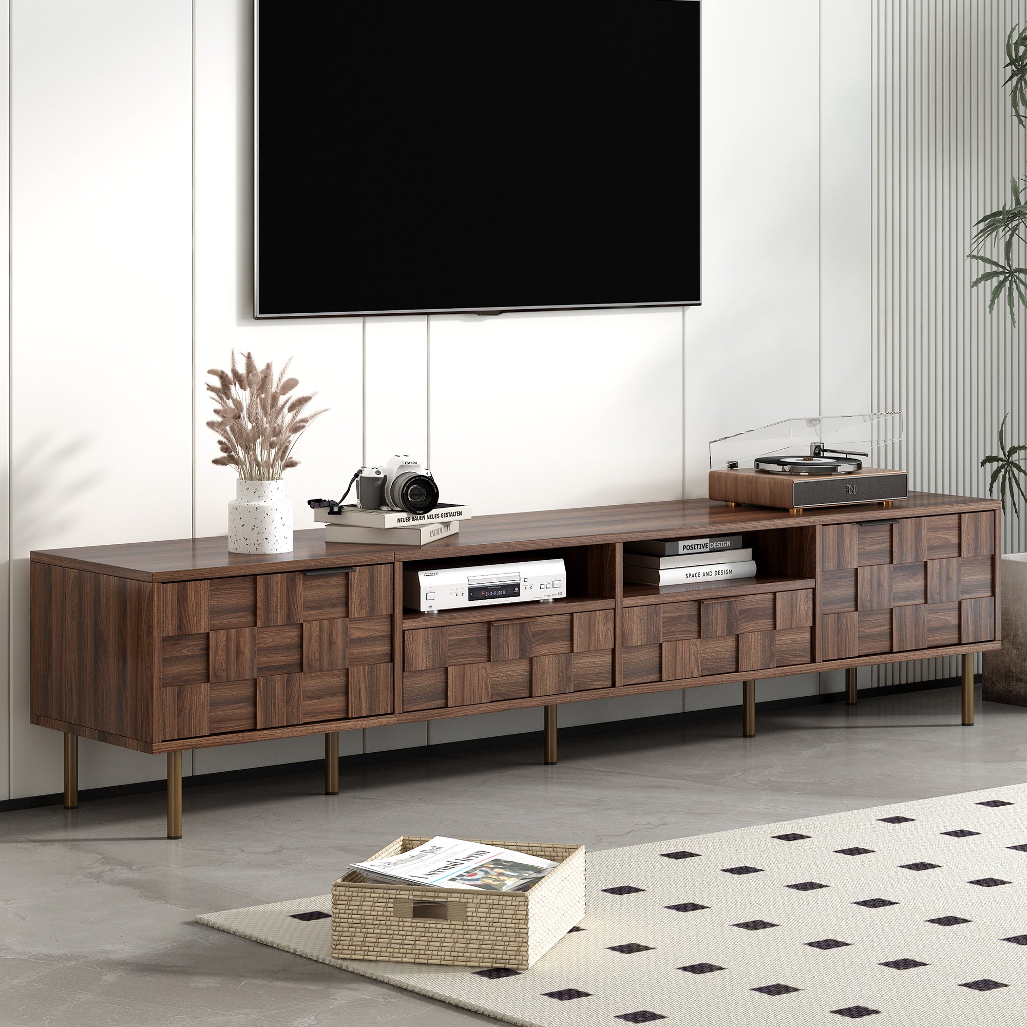 Mid Century TV Stand with 2 Drawers in Dark Brown, Media Console Table for TVs up to 85'', Made of Particle Board and MDF, 78.7'' x 15.7'' x 17.7'' - Grand Goldman Shop