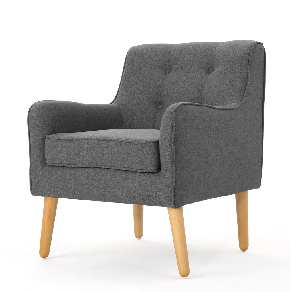 Mid-Century Modern Arm Chair in Charcoal Fabric with Tufted Back and Wooden Legs - Grand Goldman Shop