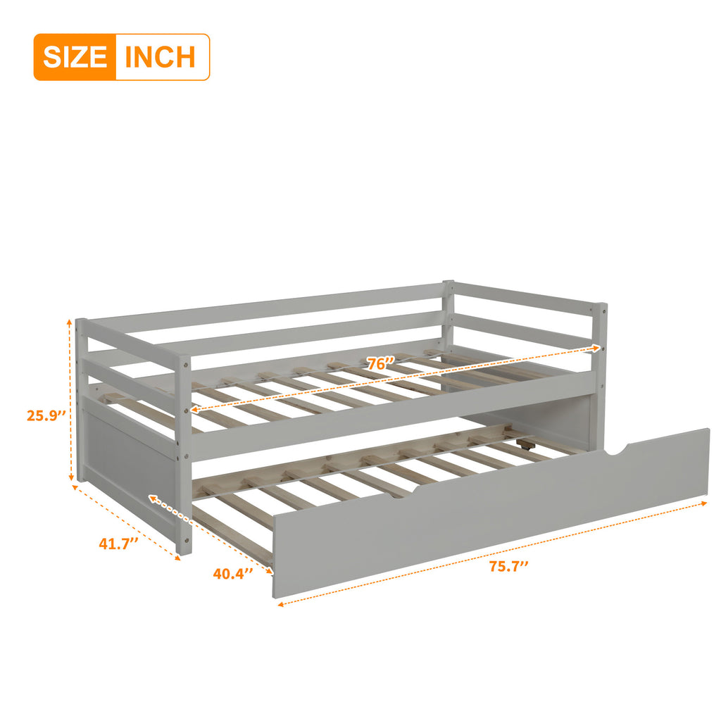 Gray Twin Daybed with Trundle Frame Set, Pine Wood and MDF, 76''L x 41.7''W x 25.9''H - Grand Goldman Shop