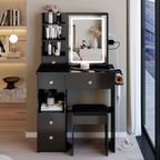 29.2' Small Size Left Drawer Desktop Vanity Table + Cushioned Stool, 2 AC+2 USB Power Station, Hair dryer bracket, Extra Large Touch Control Sliding LED Mirror, Tri-color Switching, Brightness Adjust - Grand Goldman Shop