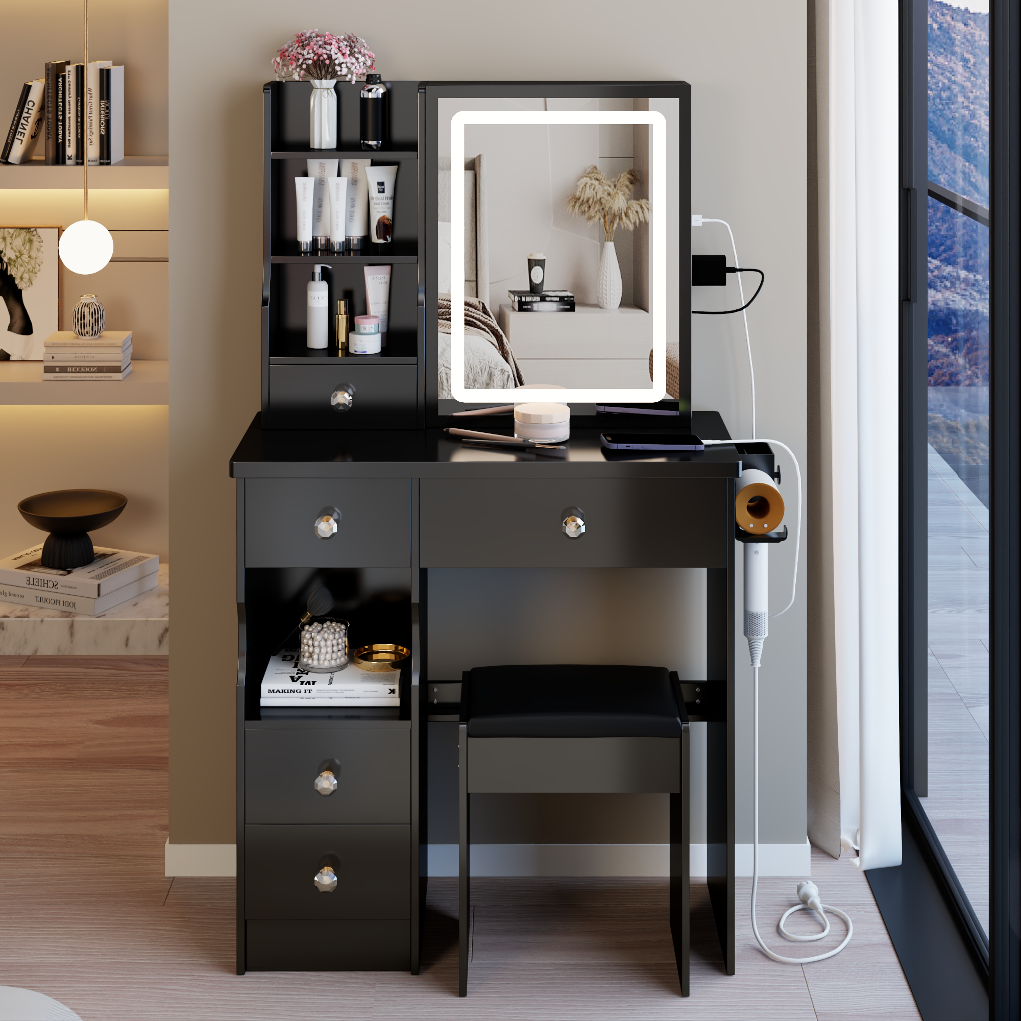 29.2' Small Size Left Drawer Desktop Vanity Table + Cushioned Stool, 2 AC+2 USB Power Station, Hair dryer bracket, Extra Large Touch Control Sliding LED Mirror, Tri-color Switching, Brightness Adjust - Grand Goldman Shop
