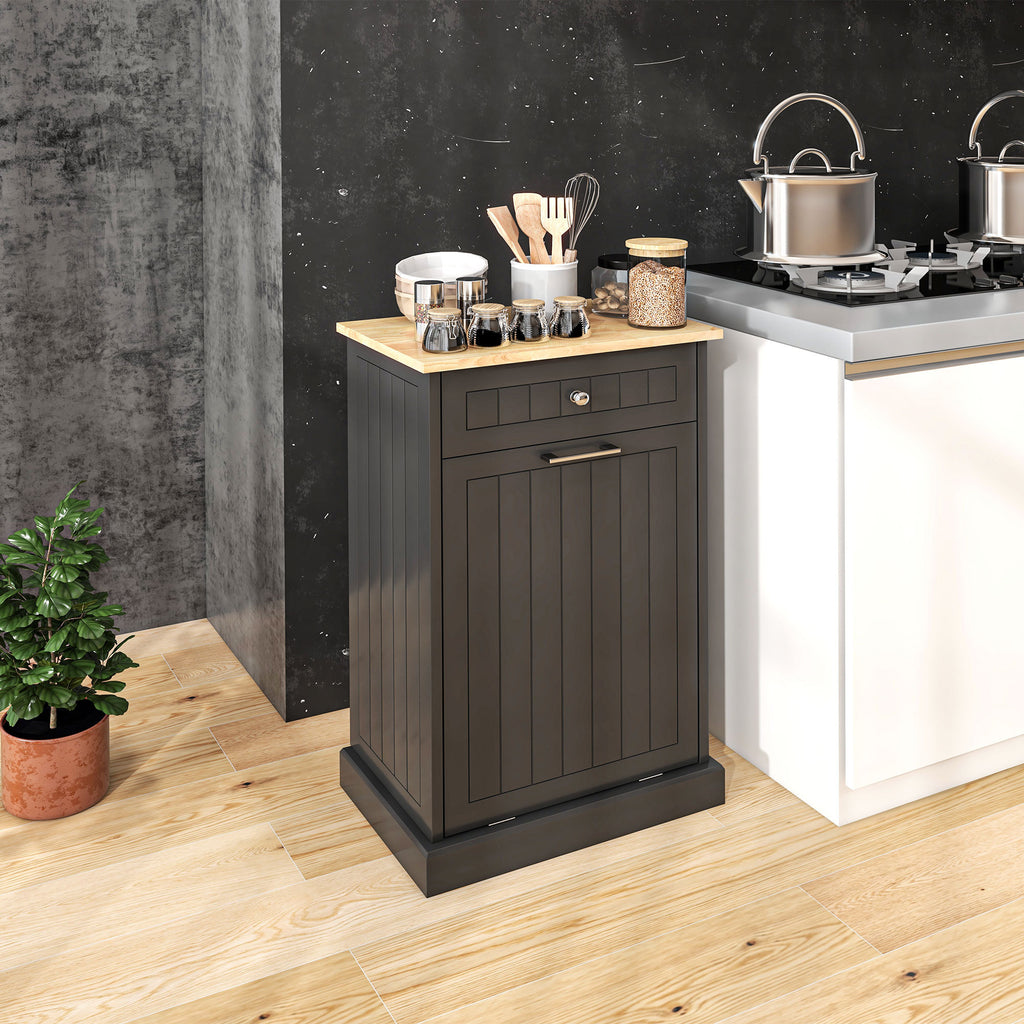 HOMCOM Kitchen Tilt Out Trash Bin Cabinet Free Standing Recycling Cabinet Trash Can Holder With Drawer, Black - Grand Goldman Shop