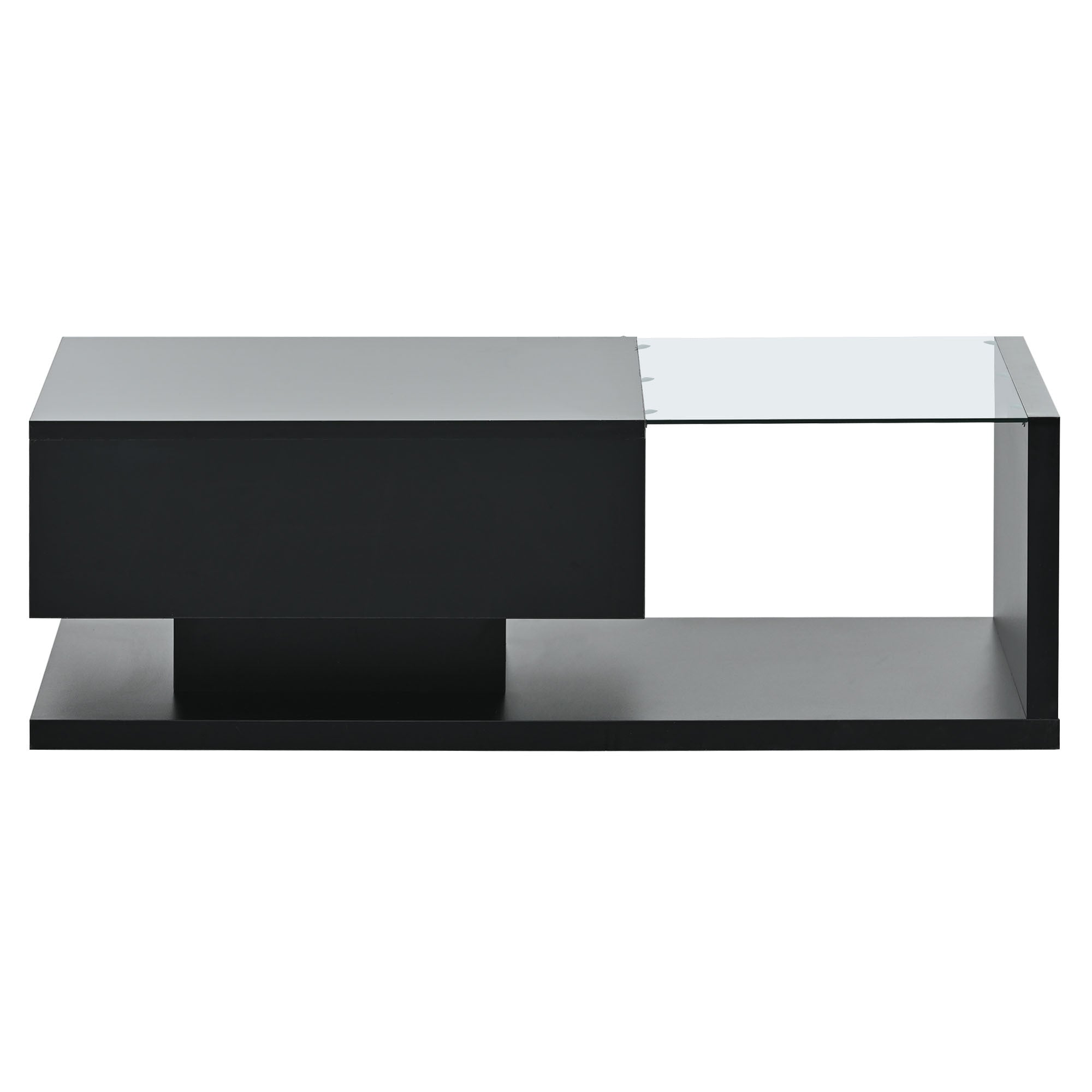[VIDEO provided] ON-TREND Modern Coffee Table with Tempered Glass, Wooden Cocktail Table with High-gloss UV Surface, Modernist 2-Tier Rectangle Center Table for Living Room, Black - Grand Goldman Shop