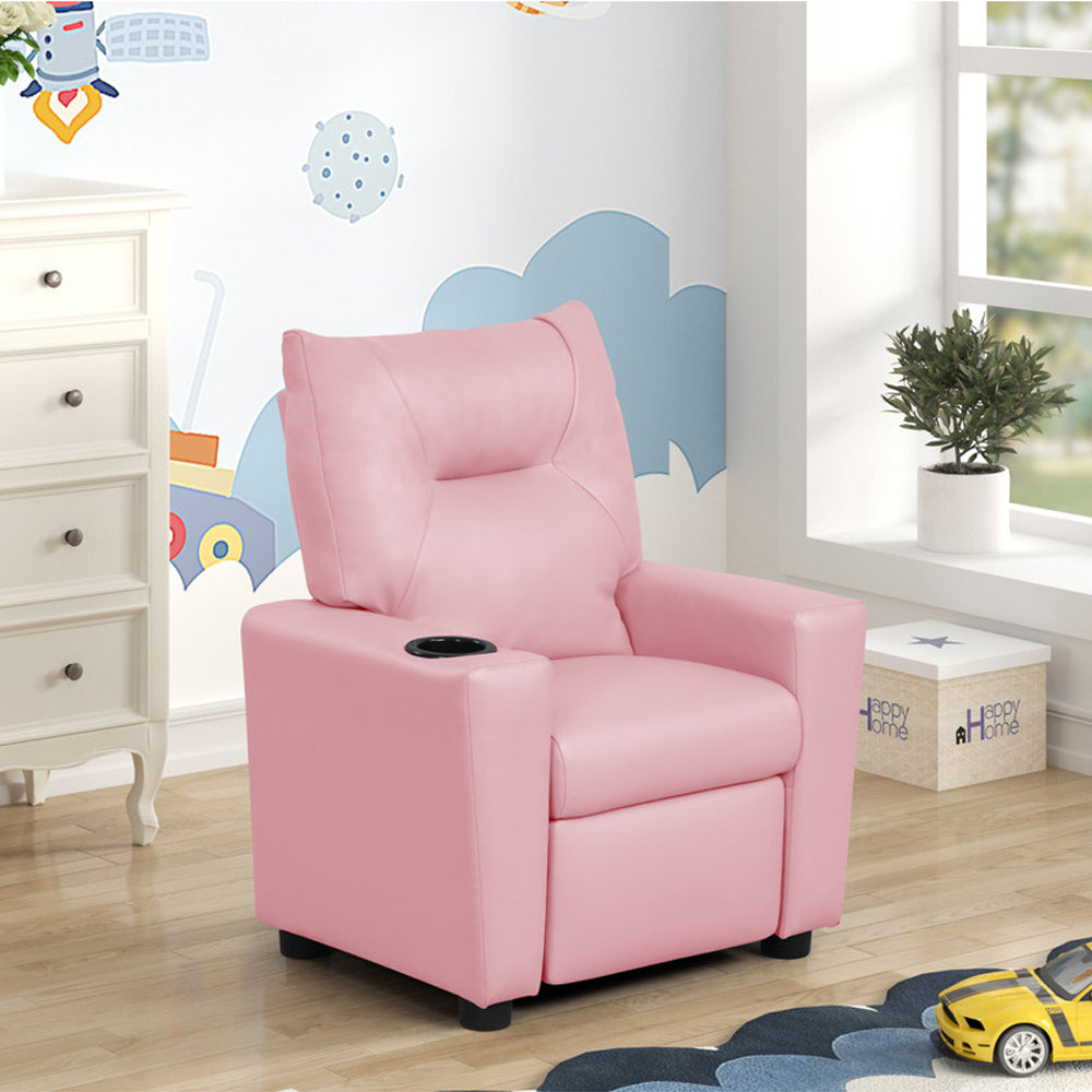 PVC Fabric Kids Recliner Chair with Cupholder, Pink | Premium Home Decor - Grand Goldman