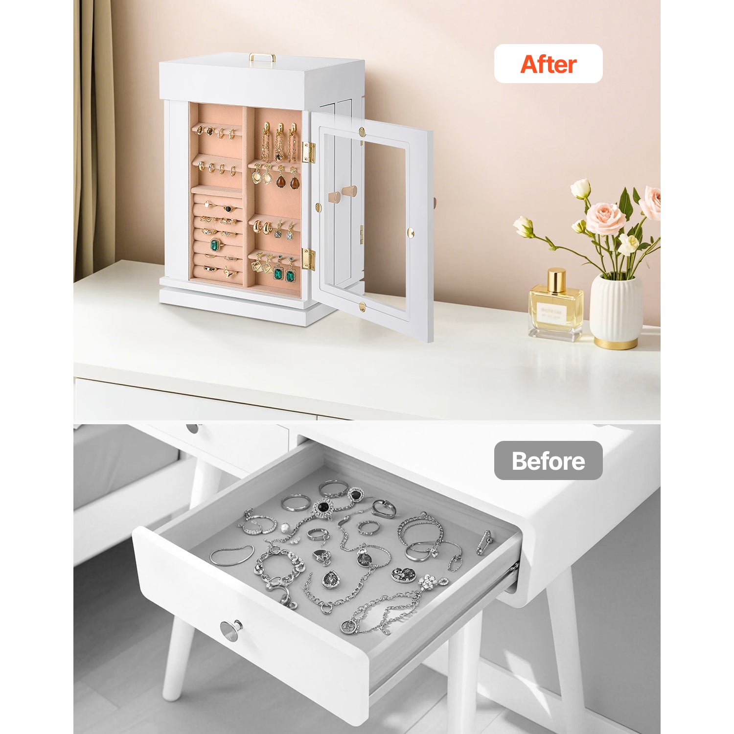 Jewelry Box 360° Rotating Jewelry Organizer with Built-in 4 Necklace Hooks White - Grand Goldman Shop