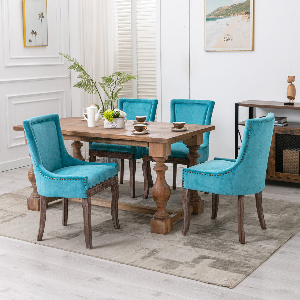 A&A Furniture,Ultra Side Dining Chair，Thickened fabric chairs with neutrally toned solid wood legs， Bronze nail head，Set of 2，Blue - Grand Goldman Shop