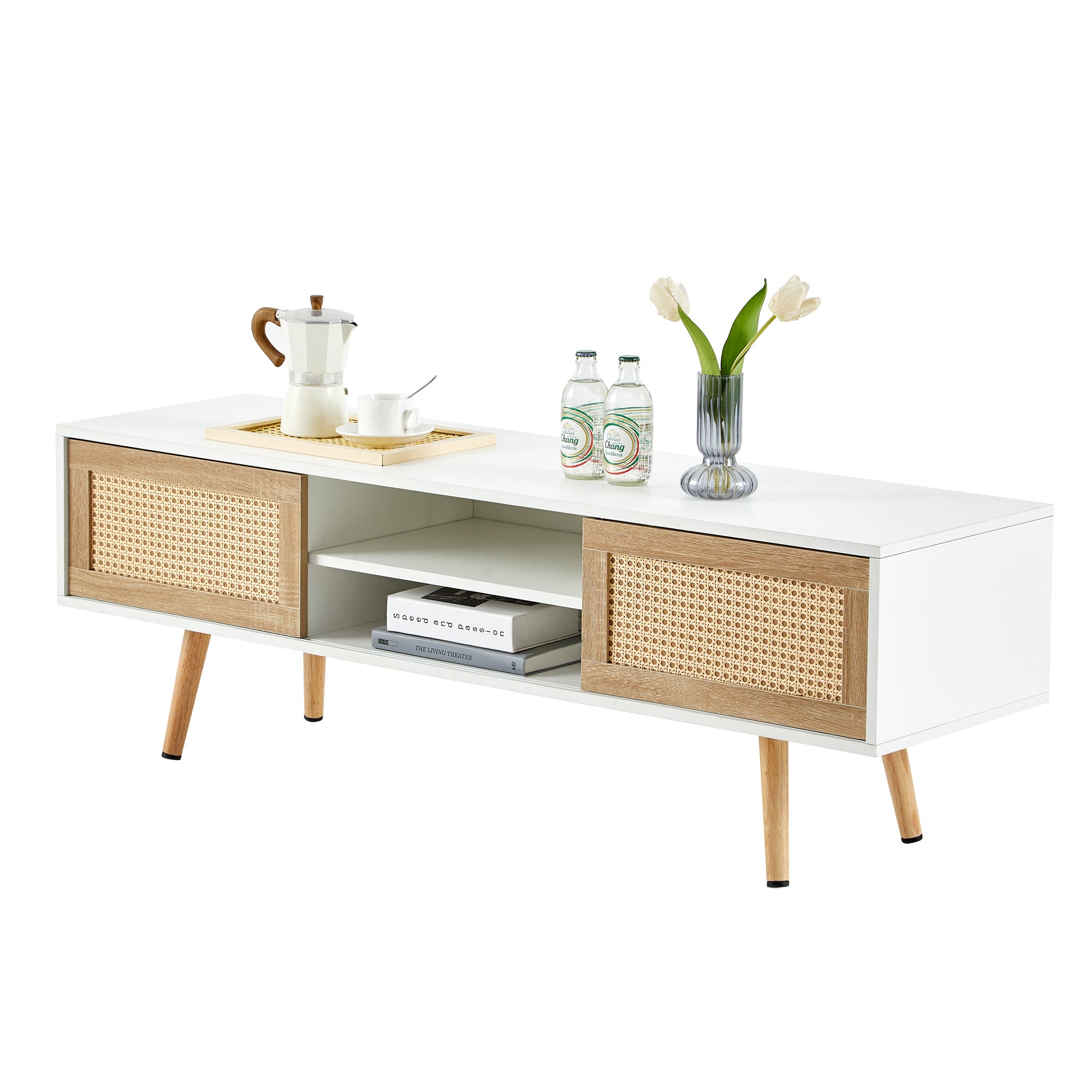 Modern Rattan TV Cabinet with Double Sliding Doors, Adjustable Shelf, Solid Wood Legs, White, 55.12 inches - Grand Goldman Shop
