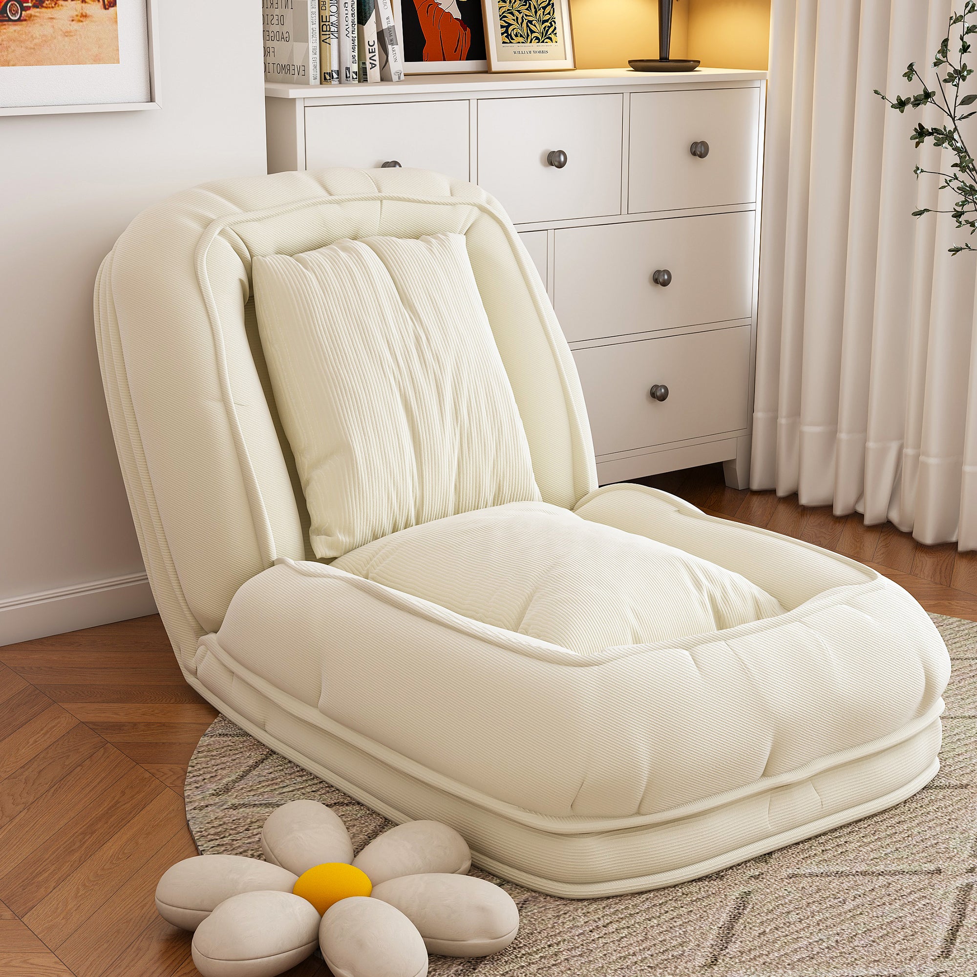 Upholstered Foldable Lazy Sofa Bed for Adults and Pets, Adjustable Recliner with 5 Positions, Off White Corduroy, 70.87 x 37.40 x 11.02 inches - Grand Goldman Shop