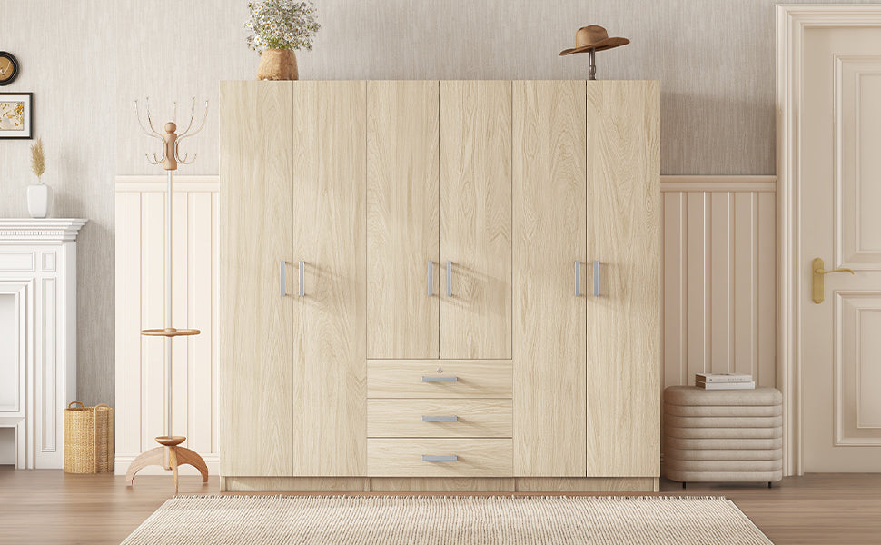 6-Doors Wooden Wardrobe Storage for Bedroom, with Big Drawers, Natural - Grand Goldman Shop
