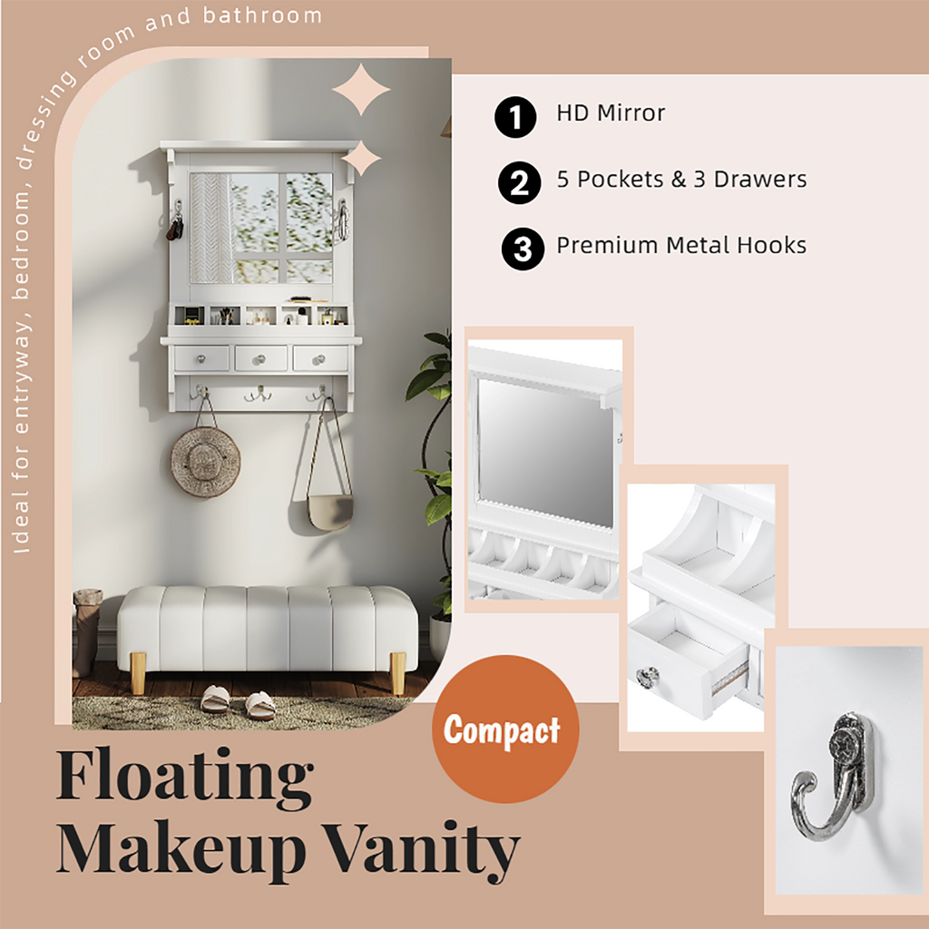 Floating Makeup Vanity with Big Mirror, Wall-Mounted Storage Vanity with Drawers, Pockets & Hooks, Space-Saving Decorative Home Organizer, White, Engineered Wood, 23.8 x 6.1 x 31.8 inches - Grand Goldman Shop