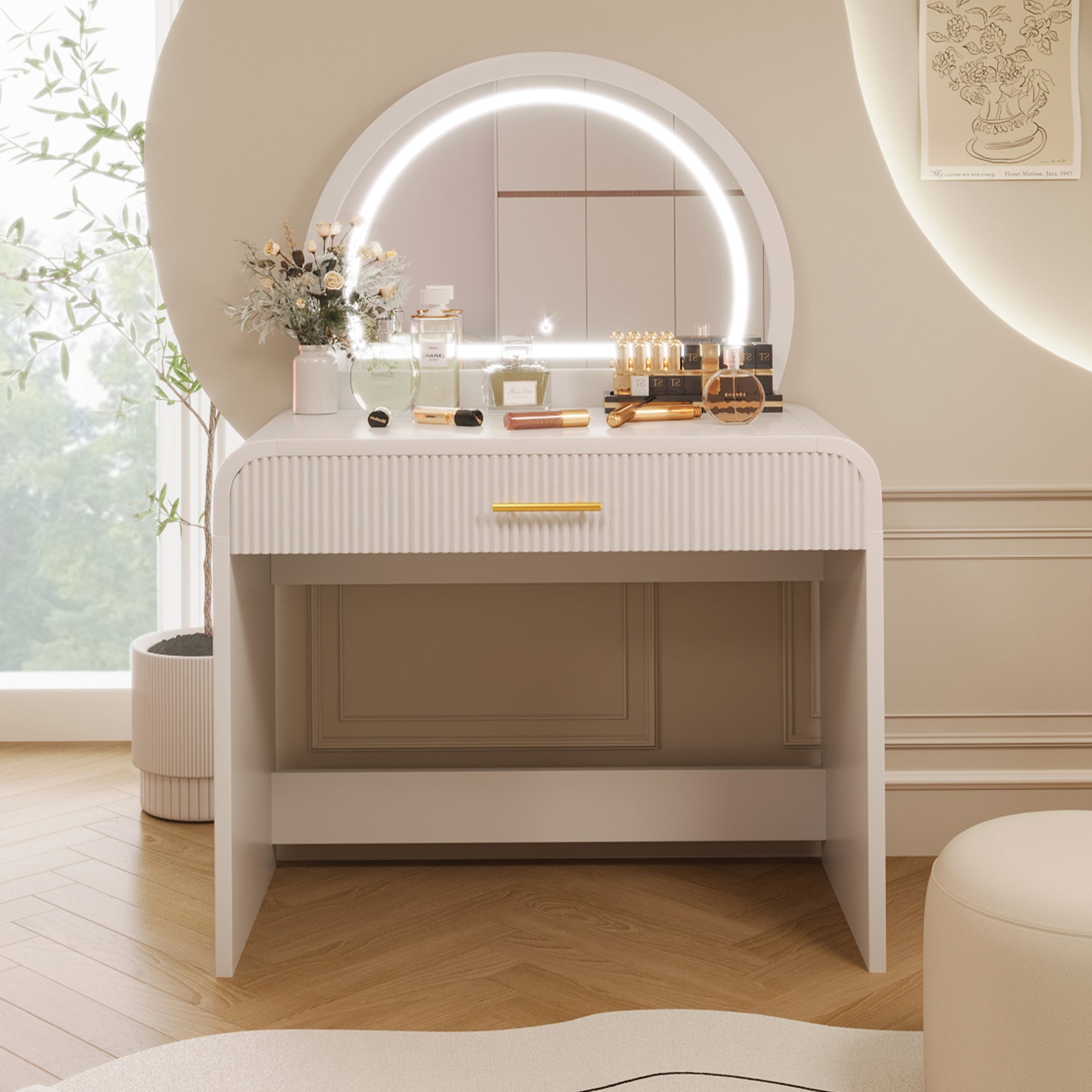 39' Makeup Vanity Table with Mirror Touch Screen Lighted Mirror, Dressing Table with Drawer for Bedroom, White - Grand Goldman Shop