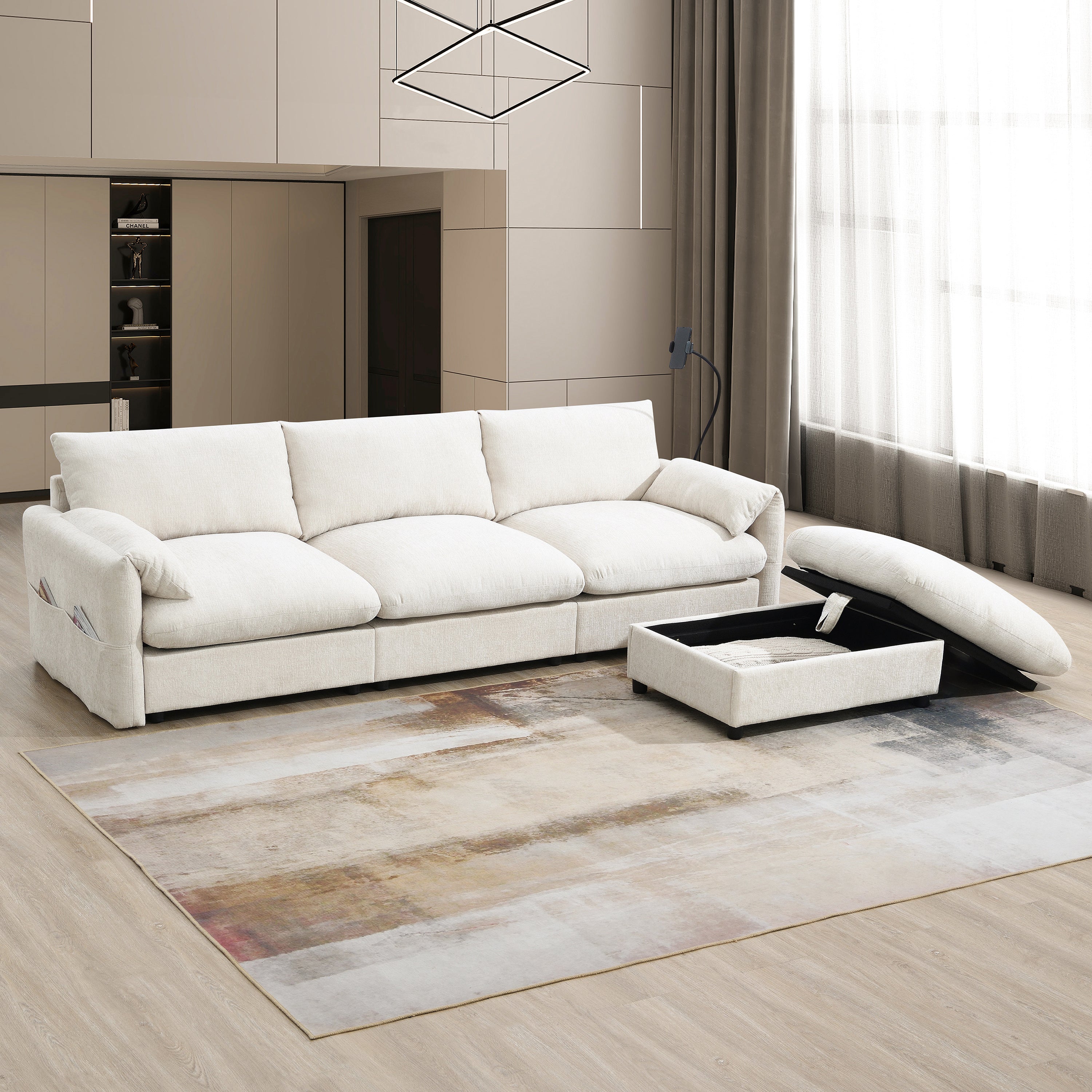 [VIDEO]96.5'' L-Shaped Sectional Sofa with Storage Ottoman and Pockets, Adjustable Phone Holder, USB Charger, Elephant Ear-Shaped Armrests, Comfy Seat for Living Room&Apartment, Chenille, 3 Colors - Grand Goldman Shop