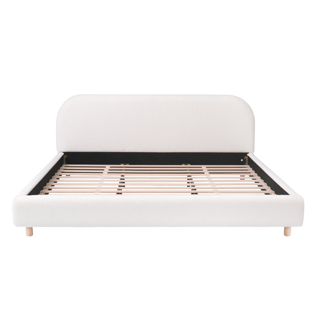King Size Platform Bed with Boucle Fabric, Boucle Fabric Upholstered Platform Bed with Curve-Shaped Design Headboard, White, Easy Assembly - Grand Goldman Shop