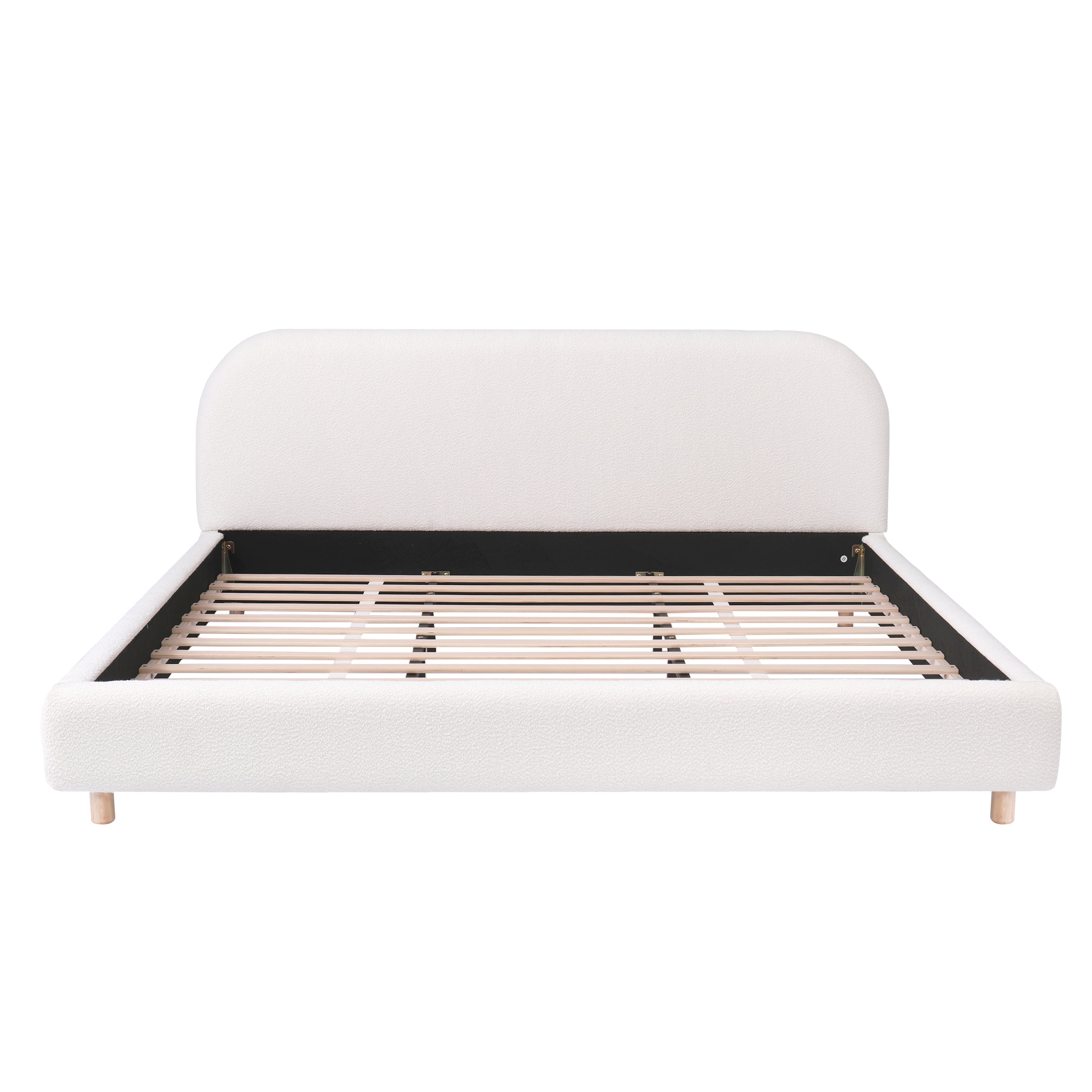 King Size Platform Bed with Boucle Fabric, Boucle Fabric Upholstered Platform Bed with Curve-Shaped Design Headboard, White, Easy Assembly - Grand Goldman Shop