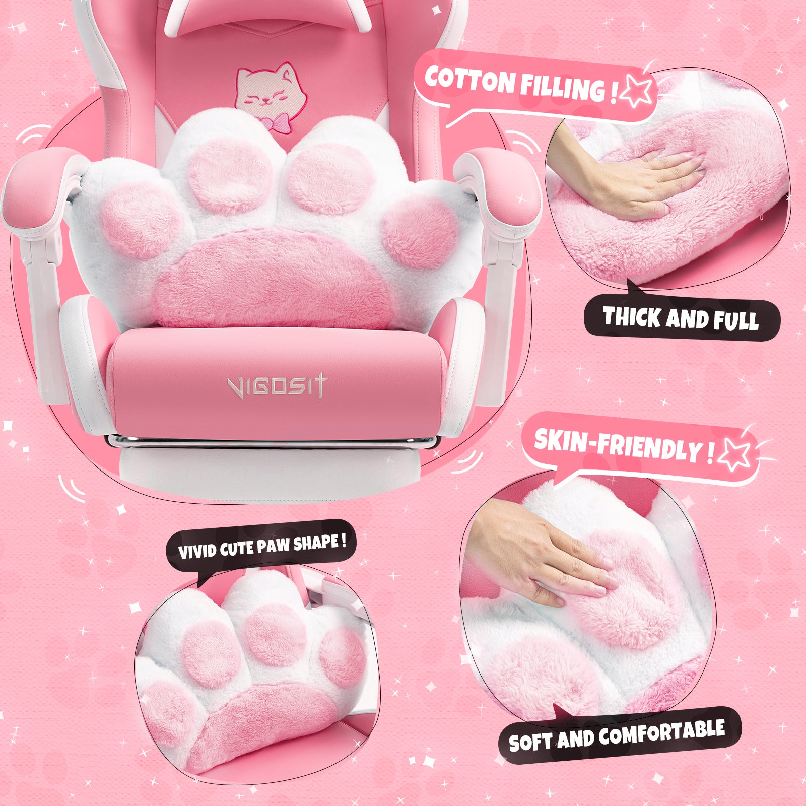 Cat Ears Pink Gaming Chair - Pink PU Leather Ergonomic Reclining Office Chair with Footrest, 310lb Capacity, 6-Position Recli
