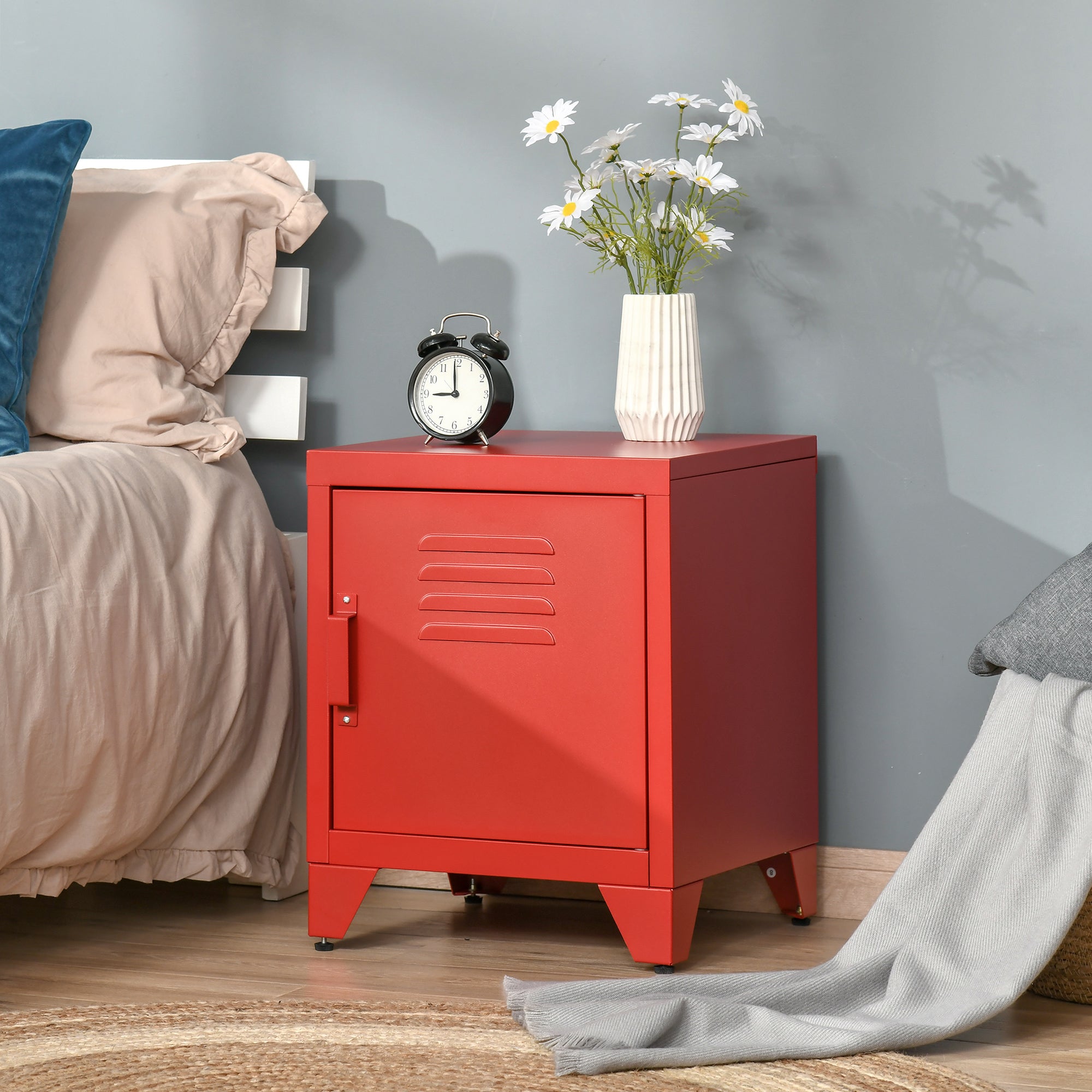 HOMCOM Industrial End Table, Living Room Side Table with Locker-Style Door and Adjustable Shelf, Red - Grand Goldman Shop