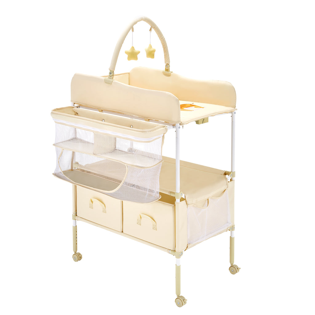 Baby Changing Table, Foldable Diaper Change Station with 2 Fabric Drawers, Side Basket & Hanging Rod, Adjustable Height Porta