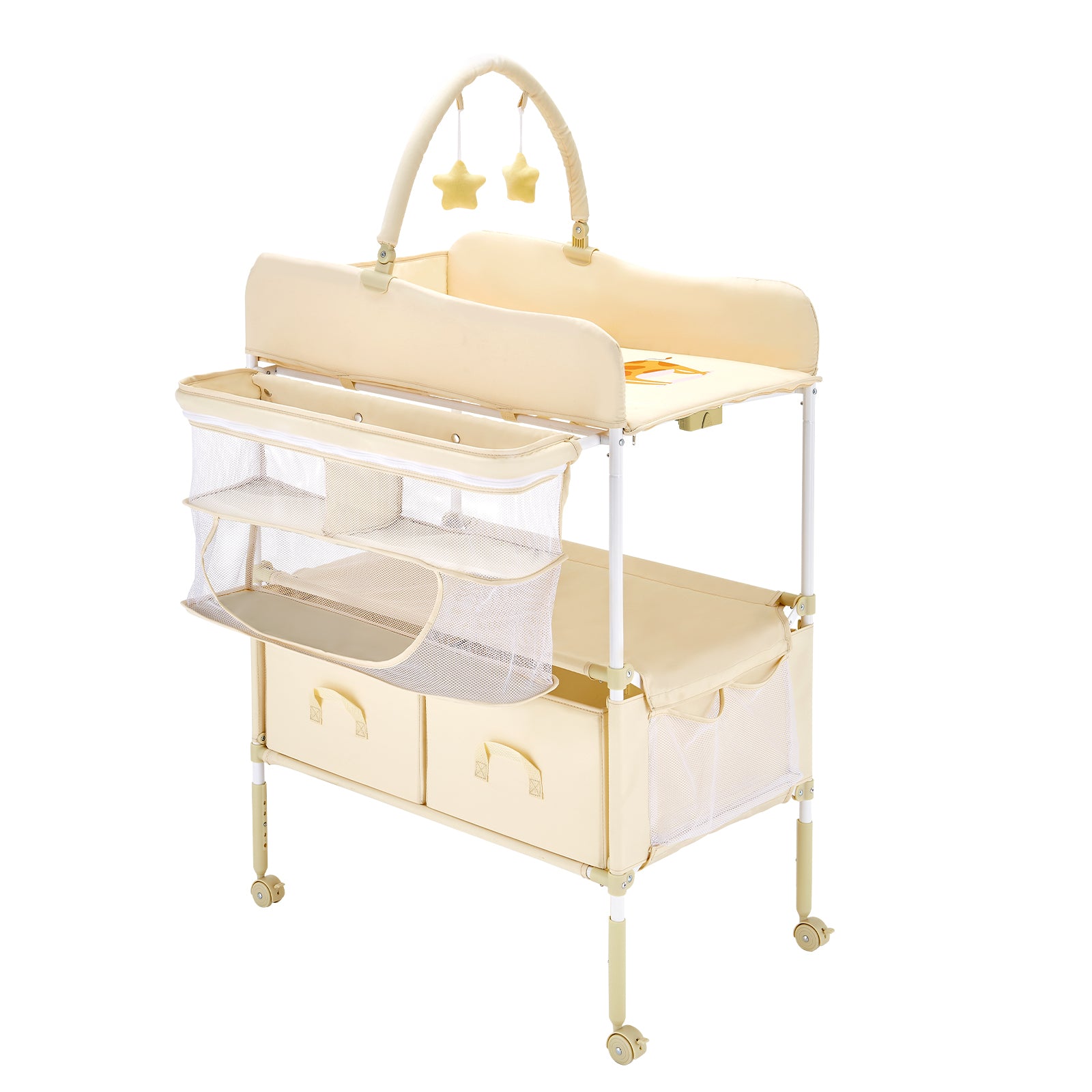 Baby Changing Table, Foldable Diaper Change Station with 2 Fabric Drawers, Side Basket & Hanging Rod, Adjustable Height Porta